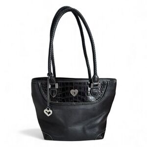 Brighton Stacey Shoulder Bucket Bag Black Croc Embossed Leather Braided Handles